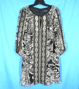 NANETTE LEPORE Black/Beige PAISLEY Silk CREPE CHIFFON Lace Detail SHIFT DRESS 8 - Picture 1 of 6