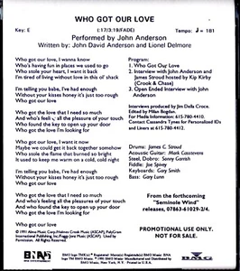 John Anderson - Who Got Our Love + Interview - PROMO CD Single - Picture 1 of 1