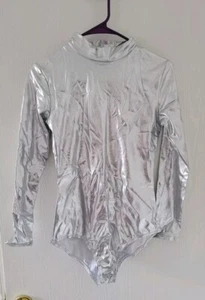 Women's Adult Silver Neon Bodysuit Back Zipper Long Sleeve size S/M NWOT - Picture 1 of 11