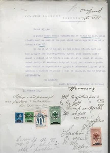 Albania 1933. Documento albanese con sovrastampa francobolli delle entrate giudiziarie. - Foto 1 di 1