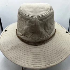 One Way Safari Hat. OS. Serengeti Embroidered Buffalos. Tan Leather Ties - Picture 1 of 4