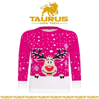 TAURUS Unisex Kids Christmas PINK Reindeer Girls Boys Xmas Rudolph Jumper Top 3- 12 Yrs