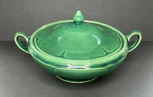 Vintage Green Art Glazed Stoneware Pottery Covered 8" Serving Dish with Handles - Picture 1 of 9