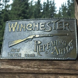 Vtg  Winchester Repeating Arms New Haven Conn Brass Embossed Belt Buckle - Picture 1 of 10