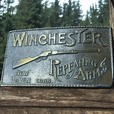 Vtg  Winchester Repeating Arms New Haven Conn Brass Embossed Belt Buckle - Image 1 of 4