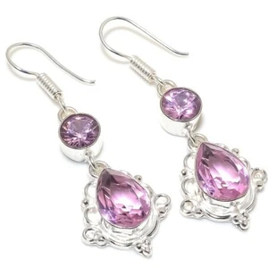 Pink Kunzite Gemstone Handmade 925 Sterling Silver Jewelry Earring Sz 2.1'' - Picture 1 of 1