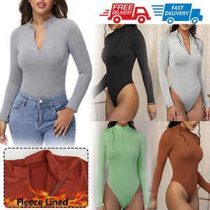 Women's Long Sleeve Zipper Front Zipper Bodysuit Fleece Thermal Bodycon Tops UK - Picture 1 of 21