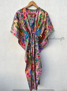 Indian Pink Long Floral Print Cotton Maxi Women Nightwear Caftan Dress - Picture 1 of 4