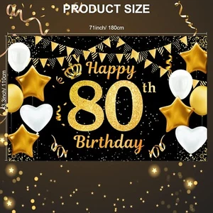 80th Happy Birthday Backdrop Large Black and Gold Birthday Background Banner - Picture 1 of 12