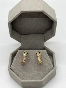 14K GOLD PLATED STUD EARRING SNAKE DESIGN WITH GREEN EYES AND WHITE CZ SE1 - Picture 1 of 2