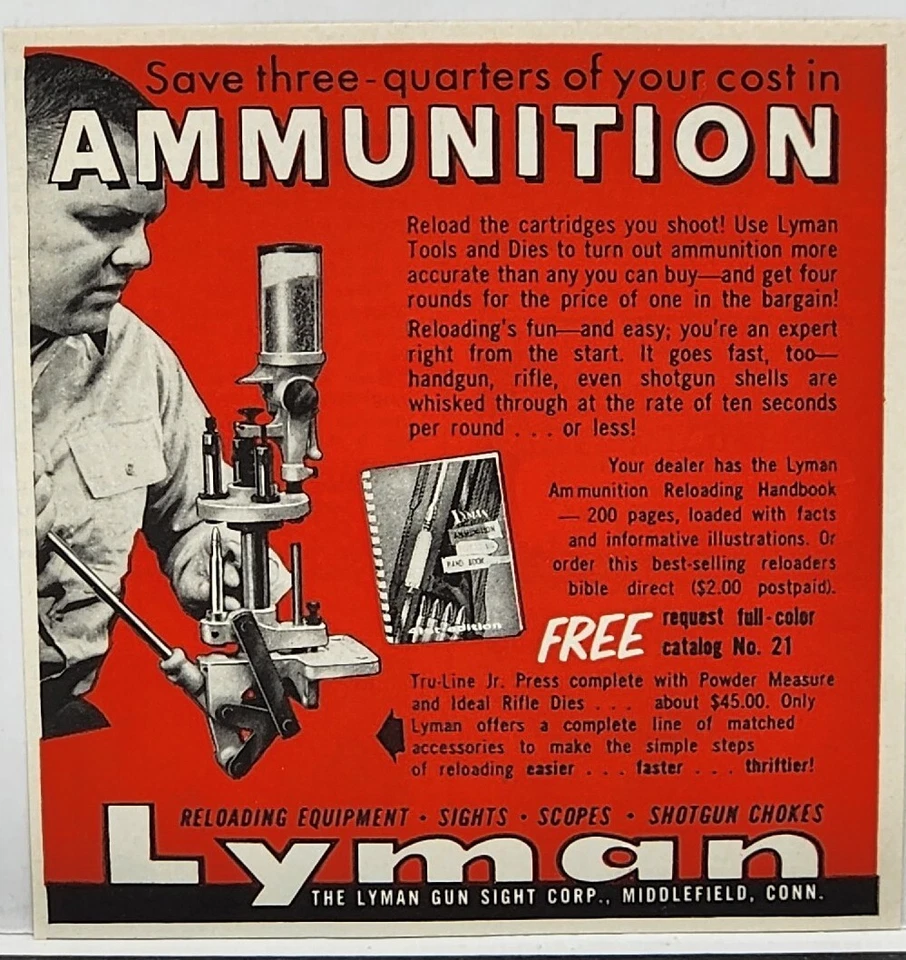 Lyman Gun Sight 1959 equipo de recarga caza anuncio impreso Middlefield Conn Foto 1 de 1