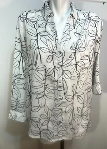Cynthia Rowley Women Linen Top Blouse White Black Floral Large Button Down NWT - Picture 1 of 6