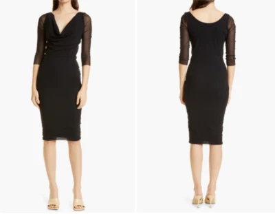 FUZZI Black Draped Cowl Neck Sheer 3/4 Sleeve Mesh Bodycon Dress XXL = 16 US 🖤 - Image 1 of 4