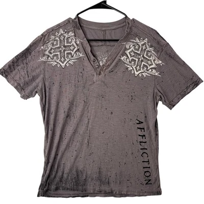Camisa Camiseta Henley Affliction Y2K Talla S Gótica Rock Cross Terciopelo Envejecido Gris Foto 1 de 4