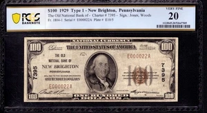 1929 $100 OLD NATIONAL BANK NOTE CURRENCY NEW BRIGHTON PENNSYLVANIA PCGS B VF 20 - Picture 1 of 4