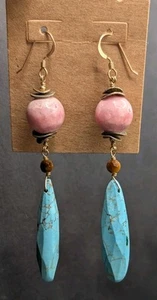 Hand Crafted Whimsical Bronze Pink Blue Gemstone Beaded Dangly Earrings - Picture 1 of 5