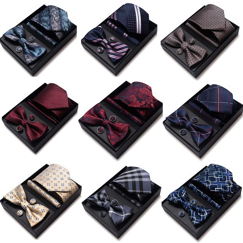 4pc Set Bow Tie,tie Hanky Cufflinks Wedding Satin Embroidered Floral with Box - image 1 of 1