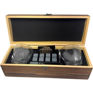 New Luxury Whiskey Glass Set - Wood Box w Cigar Cutter & Freezer Stones - Eyozka - Picture 1 of 13