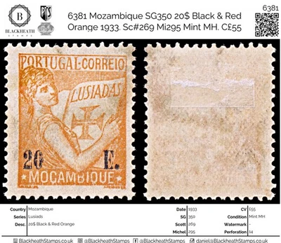 6381 Mozambique SG350 20$ Negro y Rojo Naranja 1933. Sc#269 Mi295 como nuevo MH. C£55 Foto 1 de 4