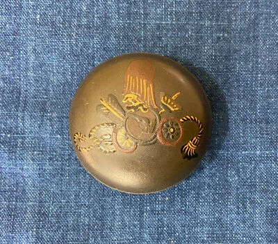 antigo original netsuke manju, brinquedos infantis, carrinho, Fukurokuju, laca - Imagem 1 de 4