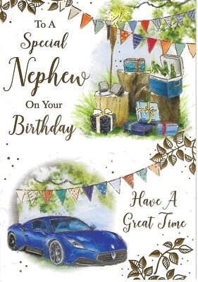 XPRESS YOURSELF SPECIAL NEPHEW BIRTHDAY GREETING CARD 7"X5" BLUE CAR