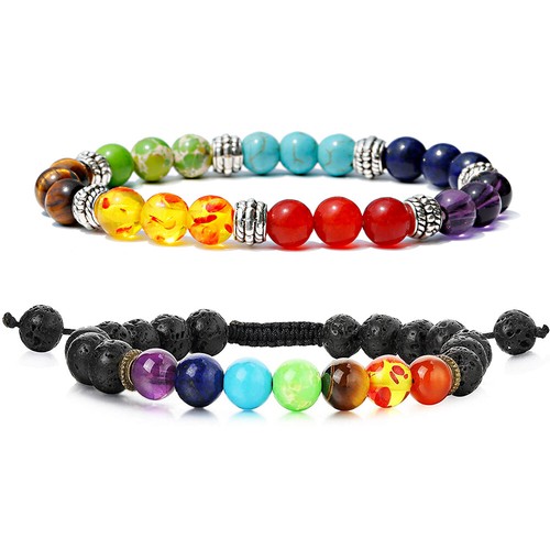 VALENTINO 2 Pezzi 7 Chakra Lava Rock Bead Braccialetti Elasticizzati Energia Guarigione Cristallo Bracciali