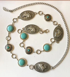 Cowgirl Silver Western Chain Belt | Vintage Concho belt | Faux Turquoise - Picture 1 of 4