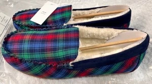 Lands End Womens 10B Slip On Shearling Plaid Slippers shoe faux fur moccasin NEW - Picture 1 of 6