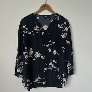Theory Top Womens Medium Black Alrik Floral Drapey Chiffon Silk Career Blouse M - Picture 1 of 9