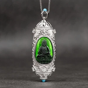 Natural Grade A Jade Jadeite Emerald S925 Silver Original Destiny Buddha Pendant - Picture 1 of 7