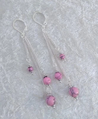 Pink Howlite Bead ,6cm Long, 925 Silver Leverback Earrings. Handmade In Gift Bag - Image 1 of 4