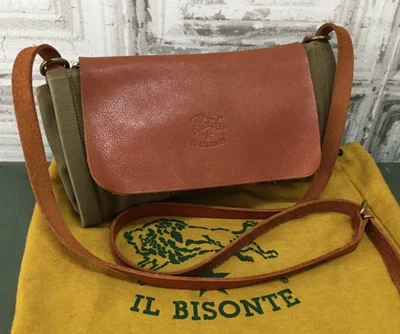 Bolso de Hombro IL BISONTE Lona Oliva X Cuero Marrón Correa Ajustable Italia Usado Foto 1 de 4