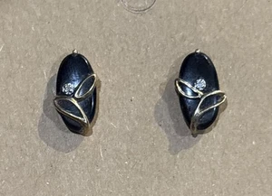 Vintage 10K Gelbgold schwarzer Onyx Käfig Ohrstecker Diamant Akzent - Bild 1 von 5