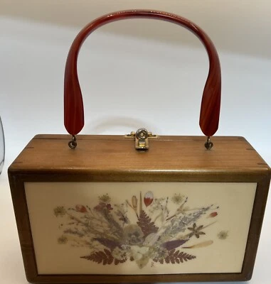 Signed Vintage Wood Purse & Lucite Handle  9”x5”x3.5”Ceramic dried Flowers Inlay - Image 1 of 4