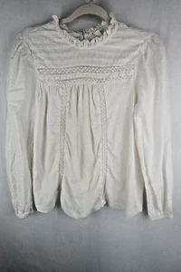 Caslon Womens Small Ivory Ruffle Neck Lace Pintuck Blouse Long Sleeve Boho - Picture 1 of 5