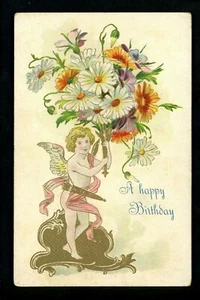 Ángel Postal Cumpleaños Felicitaciones Flores Querubín Repujado Vintage - Imagen 1 de 2