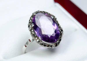 935 Argento - Antico Art Deco Anello - 5.00 CT Naturale Ametista - Markasite - Foto 1 di 6