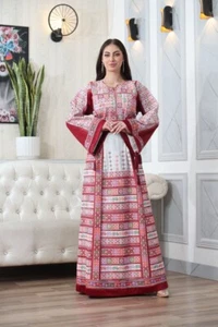 Women Palestinian Traditional Embroidery Thob with Qasab Thread and Satin Detail - Picture 1 of 8