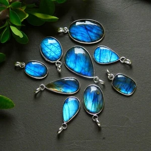 9 Pcs 140 Cts Natural Labradorite Silver Plated Pendant Lot 21x36-13x26mm#12435 - Picture 1 of 8