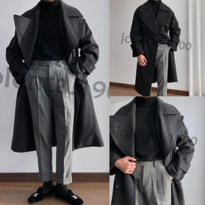 Wide Peak Lapel 男式大衣羊毛混纺长夹克商务休闲工作服 — 第 1/4 张图片