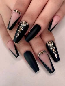 24pcs Long Coffin Rhinestone Decor Black Fake Nail False Nails Press On Nails - Picture 1 of 7