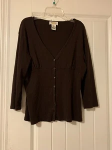 Talbots brown button down 3/4 sleeve blouse unique solid basics womens shirt MED - Picture 1 of 3