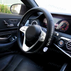 Black 15" Diameter Car Auto Steering Wheel Cover Genuine Leather For VOLKSWAGEN - Picture 1 of 7