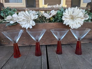 Vintage MCM Unmarked 8oz Martini Glasses w/ Ruby Red Stems (4) - Picture 1 of 8