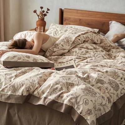 Brown 100% Cotton Duvet Cover Queen Size, 4 Pieces Vintage Floral Bedding Set... - Image 1 of 4