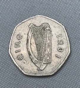 Moneta da 50 pence Eire 1981 Irlanda, beccaccia uccellino arpa irlandese - Foto 1 di 2