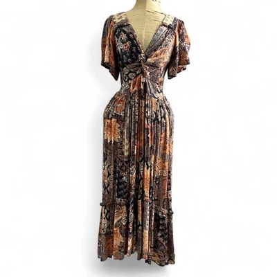 ANGIE Maxi Dress Sz M Boho Fall Floral Twist Front Tiered Slit Flutter Sleeve - Image 1 of 4
