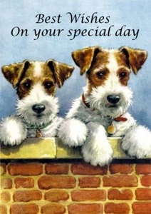 WIRE FOX TERRIER TWO DOGS ON THE WALL DOG BIRTHDAY GREETINGS NOTE CARD - Picture 1 of 1