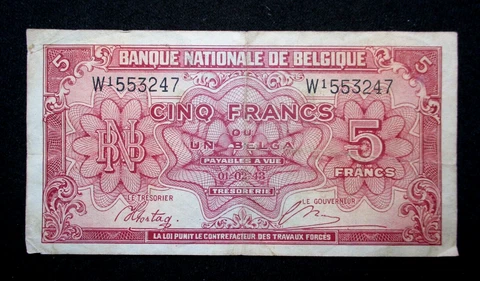 OLD BANKNOTE OF BELGIUM 5 FRANCS 1943 WORLD WAR II Cover