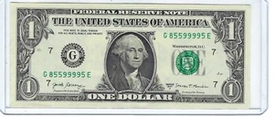 $1 One Dollar Bill Fancy Note TRINARY QUAD 9s Serial # 98.2% COOLNESS G85599995E - Picture 1 of 3